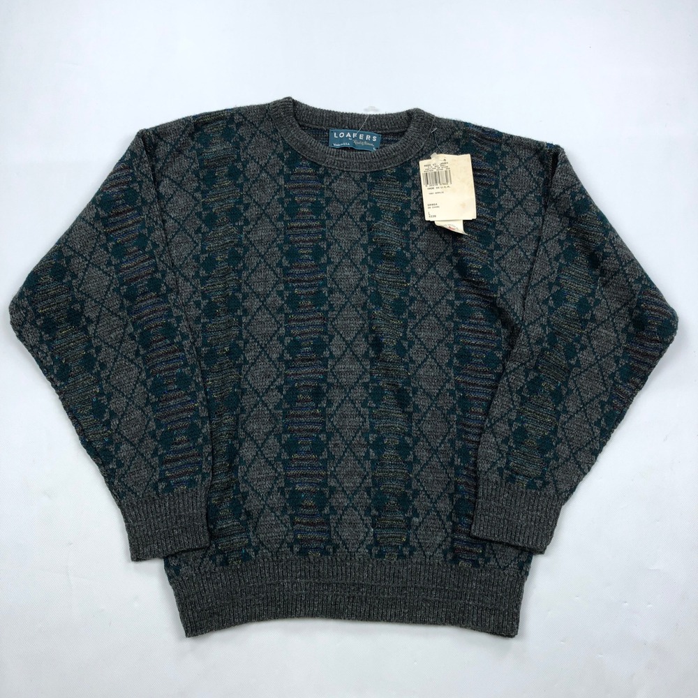 Vintage Loafers by Reed St James Sweater Mens L Gray Teal Geometric Knit USA 90s